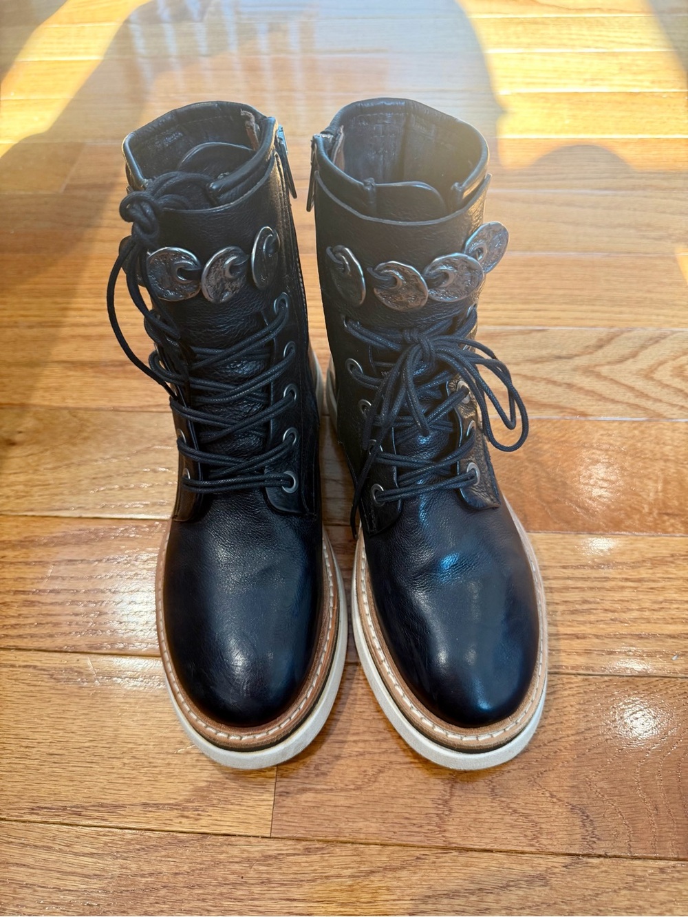 A.S.98 IDLE Black Leather Combat Boots with Silver Embellishments - Size 37